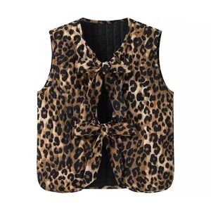 Leopard Print Sleeveless Vest With Ties